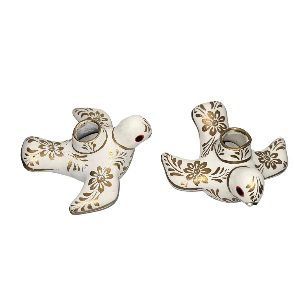 Paloma Doves Birds Candleholder Pair white gold Mexico Pottery folkart